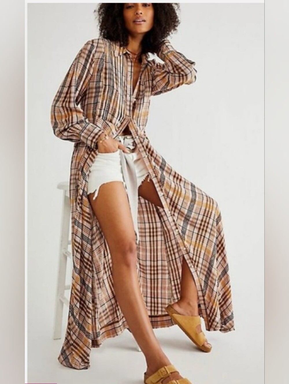 Free People SADIE Plaid Long Sleeve Maxi Dress Size L